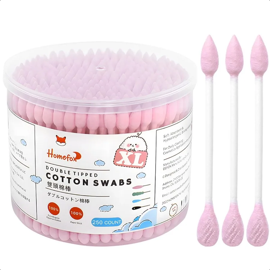 Pink Cotton Swabs Flattened Pointed 250 Count Organic XL Cotton Bud Double Side Tight Firm Wounded Precision Extra Large Cotton