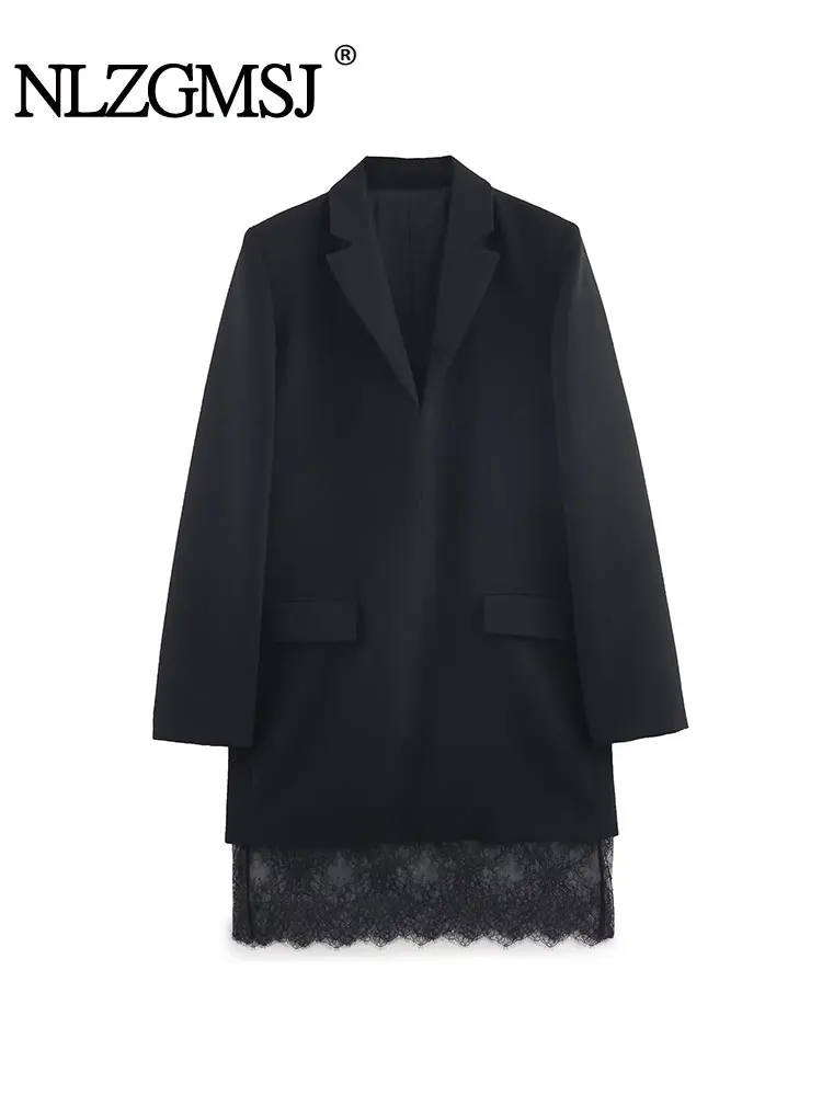 Nlzgmsj 2025 ファッションレーススプライシングショートドレス レディース 長袖ブレザー ミニドレス 女性用 シックでエレガントなオフィスレディドレス