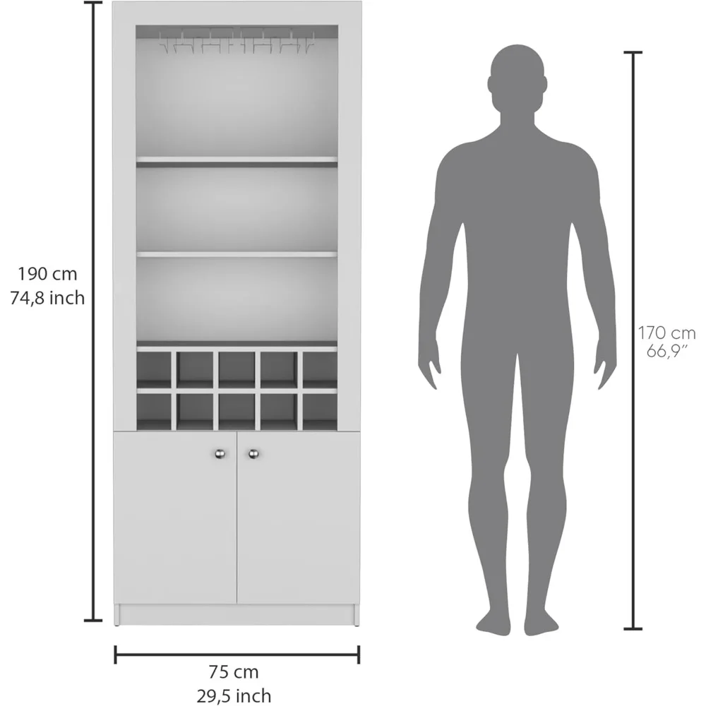 Modern Tall Bar Cabinet - 4-Tier Storage Solution for Wine, Liquor, and Stemware - Includes 10-Bottle Wine Rack, Stemware Rack