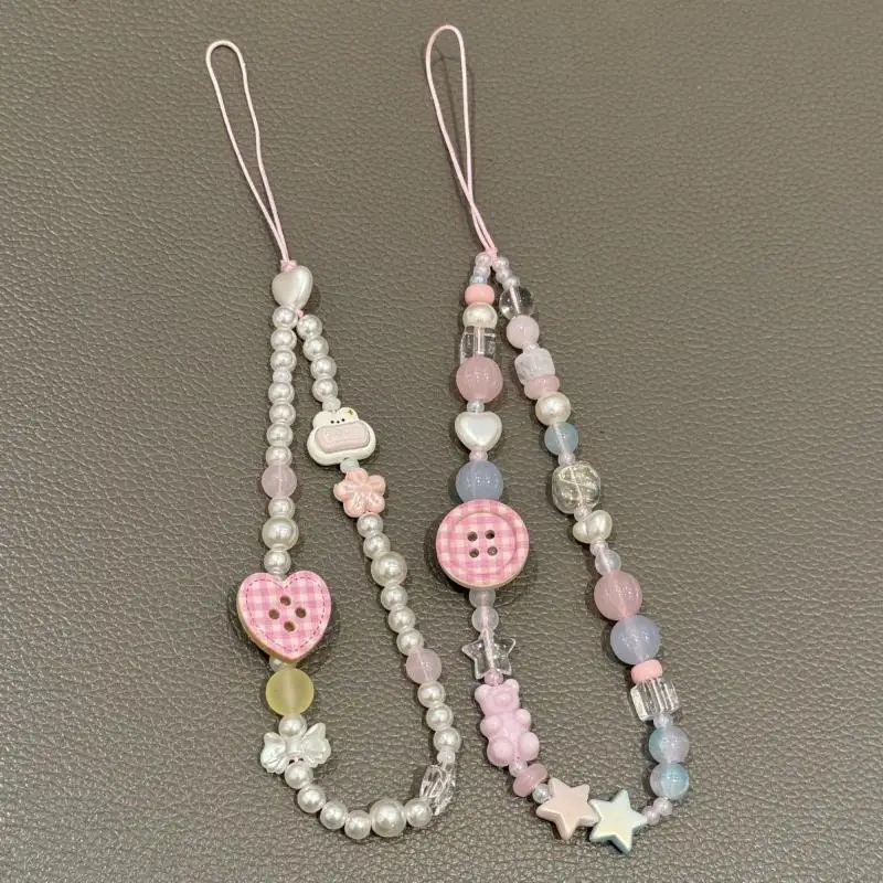 Korean Sweet Cute 3D Button Beaded Phone Chain Charm Lanyard Mobile Universal Anti-Loss Hanging Rope Jewelry No Fall view 3