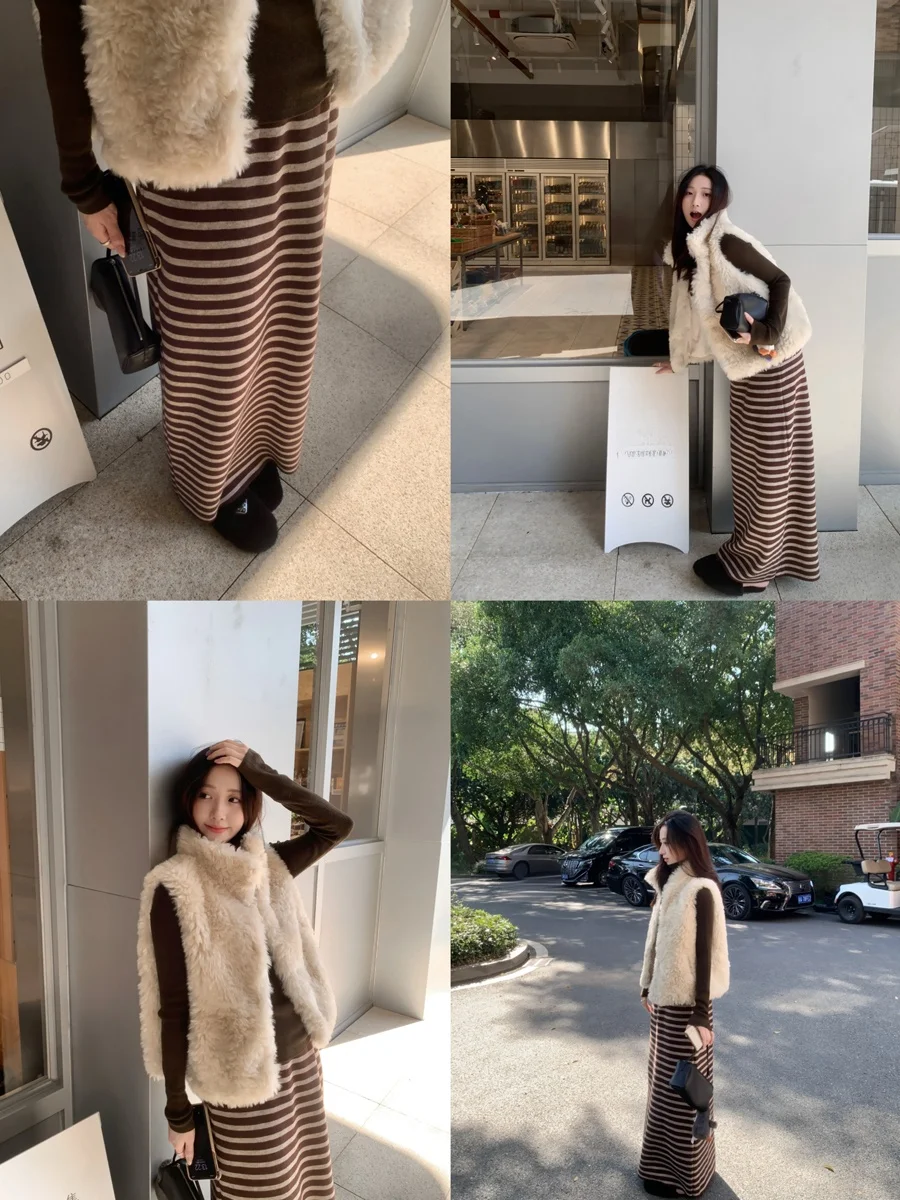 

Полосатая юбка трапециевидной формы с высокой талией, женская теплая осенне-зимняя новая прямая юбка маленького размера