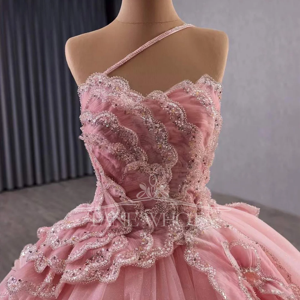 Vestidis Customizable Pink Prom Dress Quinceañera One-Shoulder Lace-Up Back Sequined Tiered Design For Women