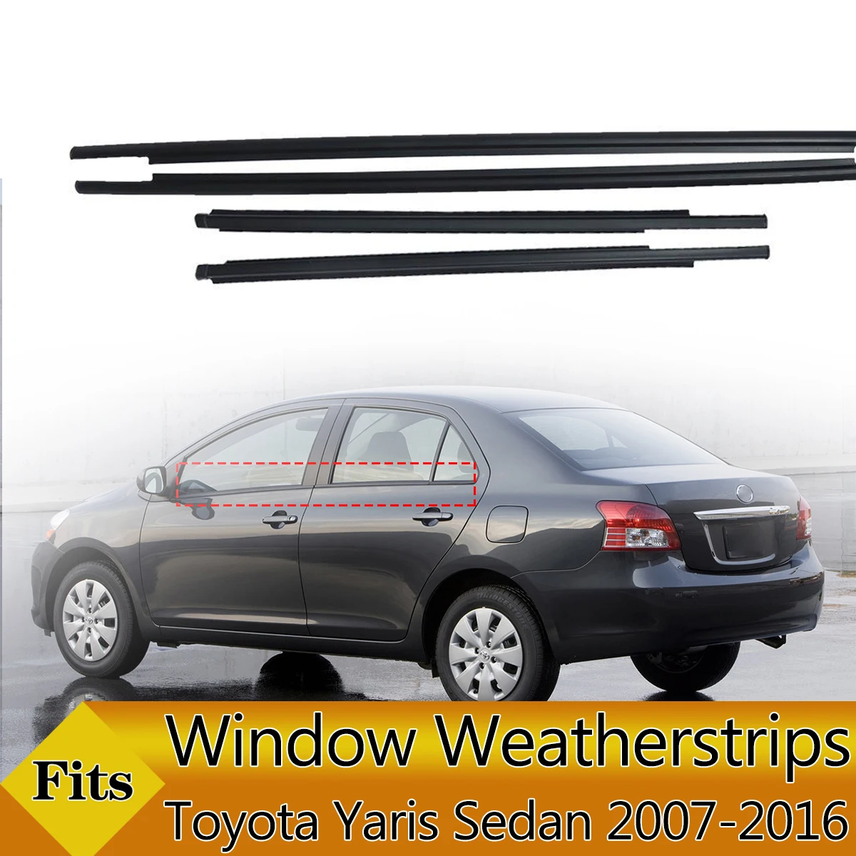 4PCS Car Outer Windows Rubber Weatherstrip Waterproof Pressure Strip Sealing Belt Moulding Trim For Toyota Yaris Sedan 2007-2016