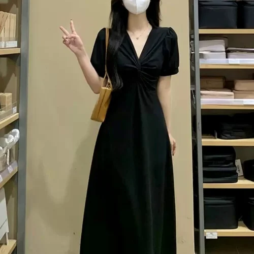 블랙 원피스 여성용 A라인 블랙 크로스 V넥 여름 우아함 슬림핏 대형 사이즈 허리 높이 긴 원피스 드레스 원피스  Best5