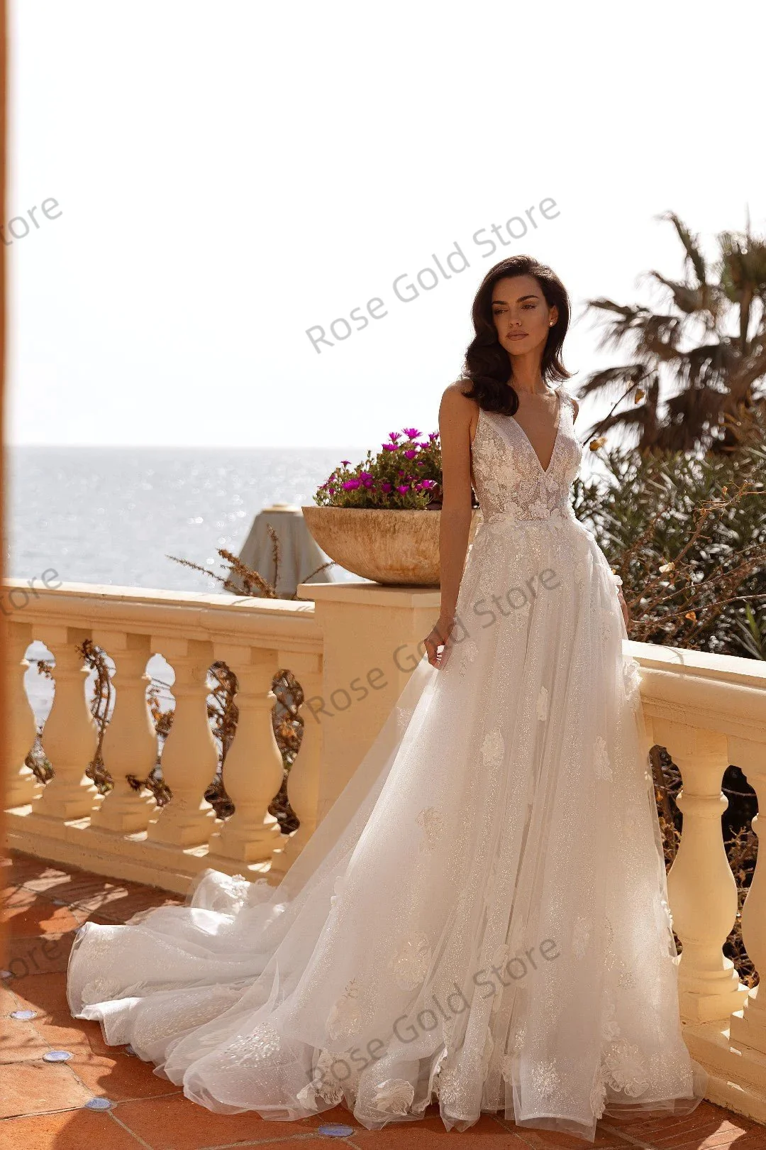 Nouvelles Robes de mariée brillantes pour femmes une ligne col en v Appliques Vestido de Novia sans manches paillettes Robes de mariée personnalisées