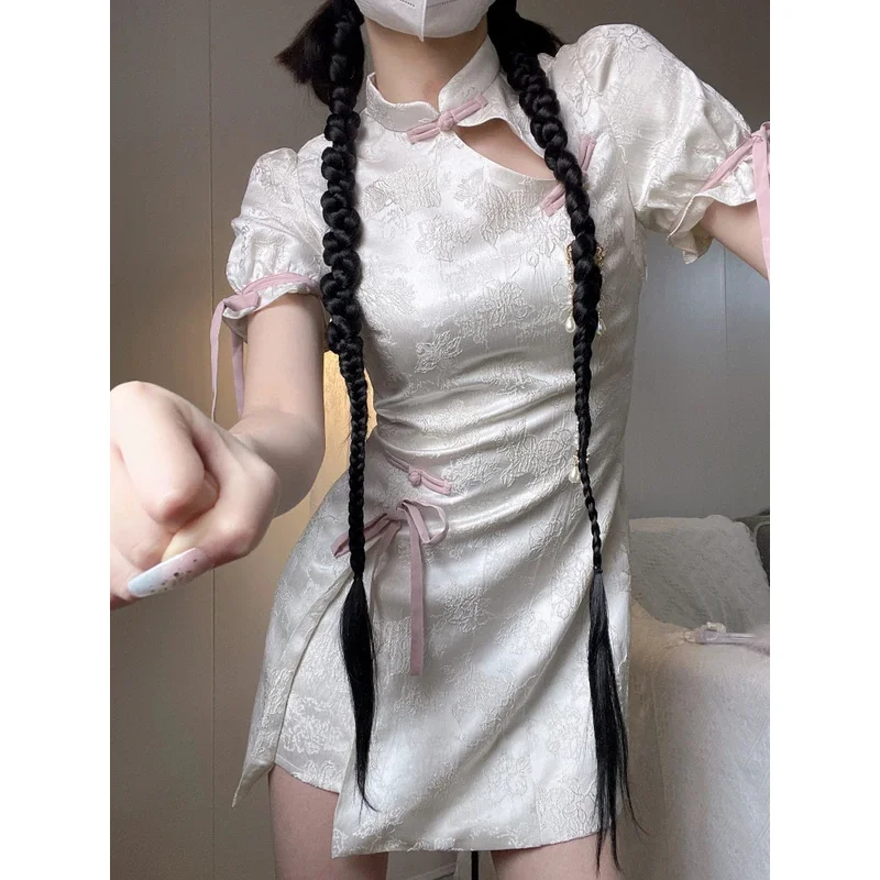 Harajuku Cheongsam Dress Women Sweet Floral Bow Bandage Lolita Dresses Y2k Sexy Aesthetic Puff Sleeve Women's Modernize Dresses