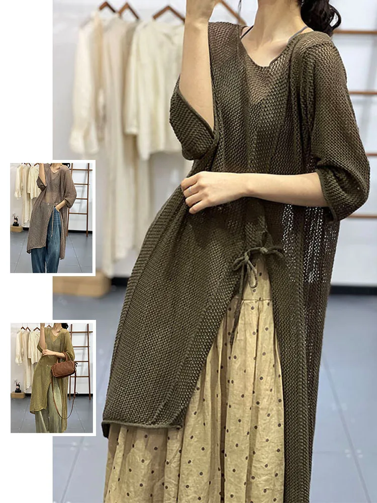 

V-Ne Side Slit Hollow out Knitwear Pure Color Svel Midi Top for plus Size Women Autumn Casual Loose Fit Asymmetrical