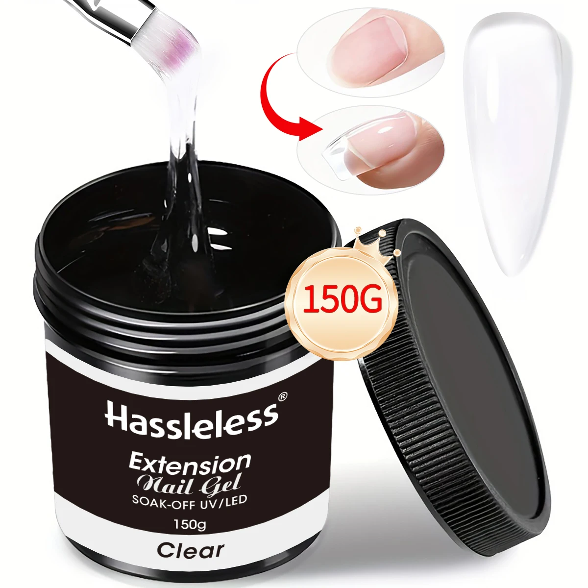 

Hassleless Single Jar Transparent Led Extension Nail Gel, 150g, Large Capacity, Long-Lasting, Suitable for False Nails/Led, Nail Extension Function Design, a Must-Have for Professional Nail Salons, Nail Tools, Smooth Texture, Quick-Drying, Ideal for Nail 
