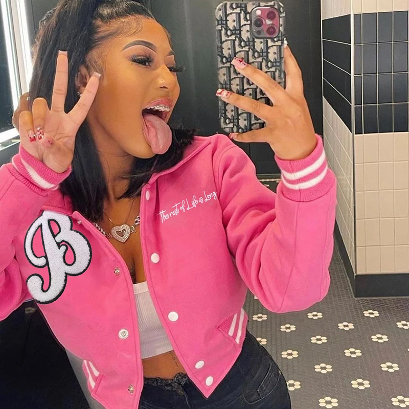 Varsity Baseball Cropped Jacket Embroidery Letter Coats Crop 2023 Women Fall Winter Y2K Clothes Streetwear Cyber Racing Jackets