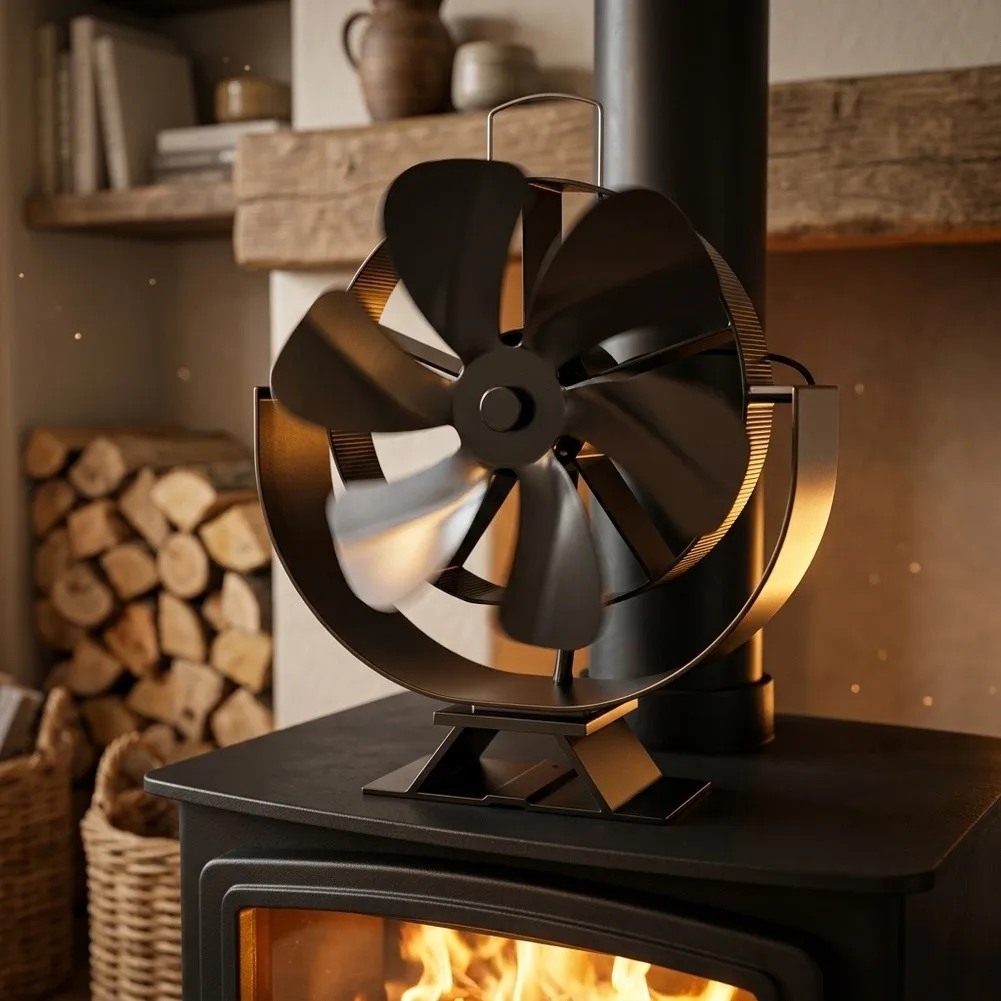 Fireplace Heat Fan 6 Blade Thermal Powered Stainless Steel Aluminum Construction Radius 8.5cm for Wood Burning Stoves