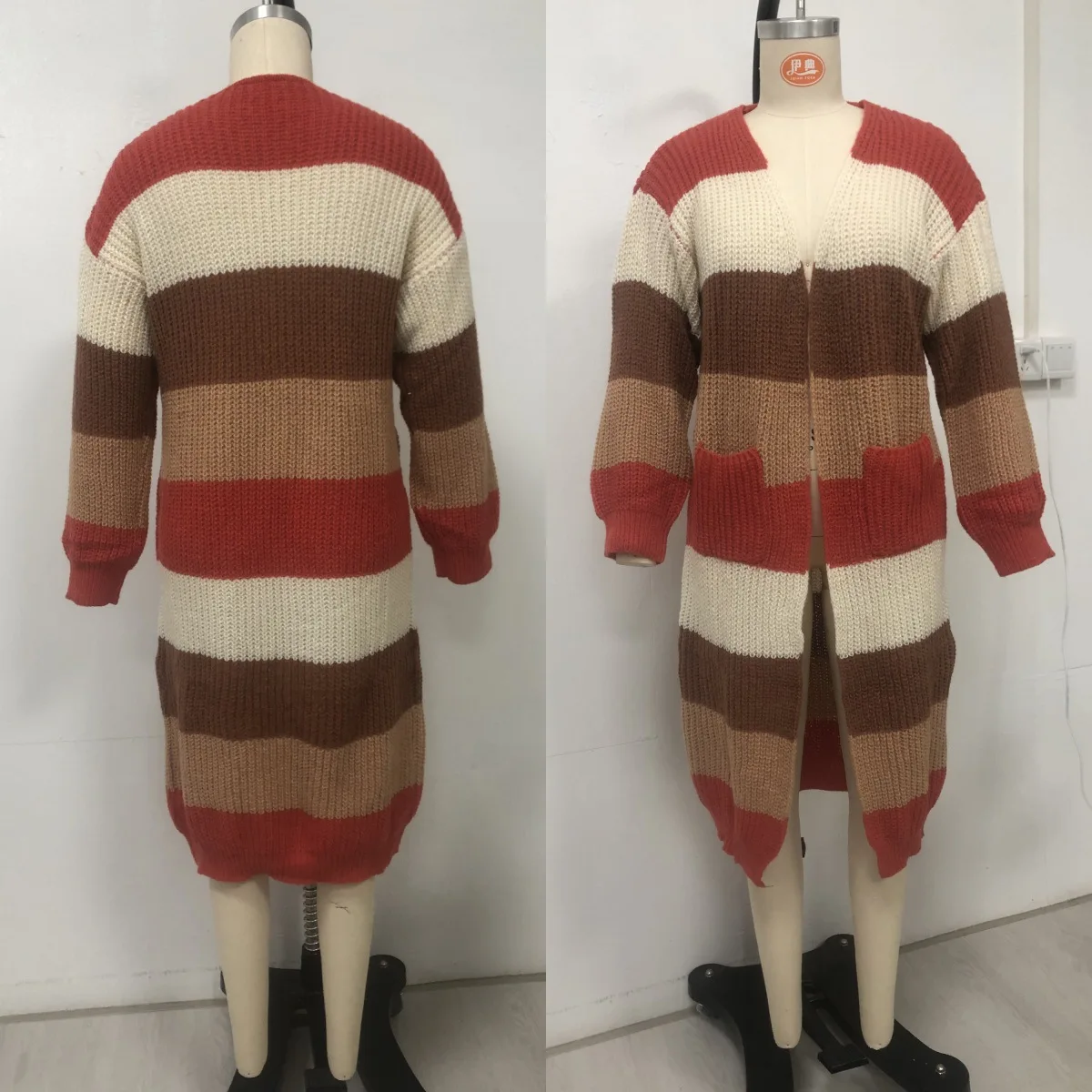 

2024 New Knitted Robe Cardigan Outerwear Striped Color Blo Thi Sweater Cardigan Women's Faion Winter Season Regular Thi