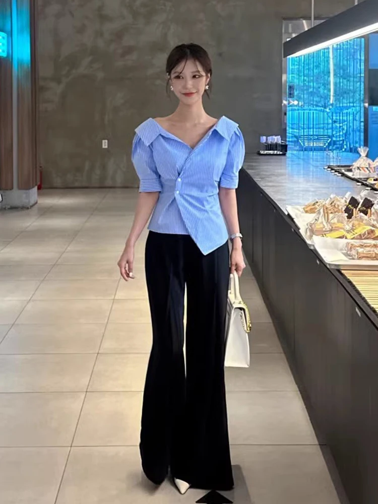 

Slim Fit Striped irt Women's Chic Summer Vintage Turn-down Collar Side Button Waist-cinching Slimming Layered Asymmetrical