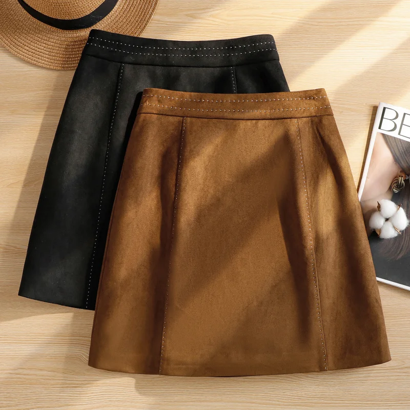 

Черная короткая юбка, полуюбка для женщин, зимний сезон выглядит отлично с открытой строчкой, элегантная прямая облегающая юбка трапециевидной формы