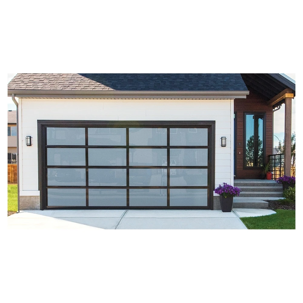 Customization Insulated Black Aluminum Garage Door With Ribbed Texture And Top Transom Windows Garage Door