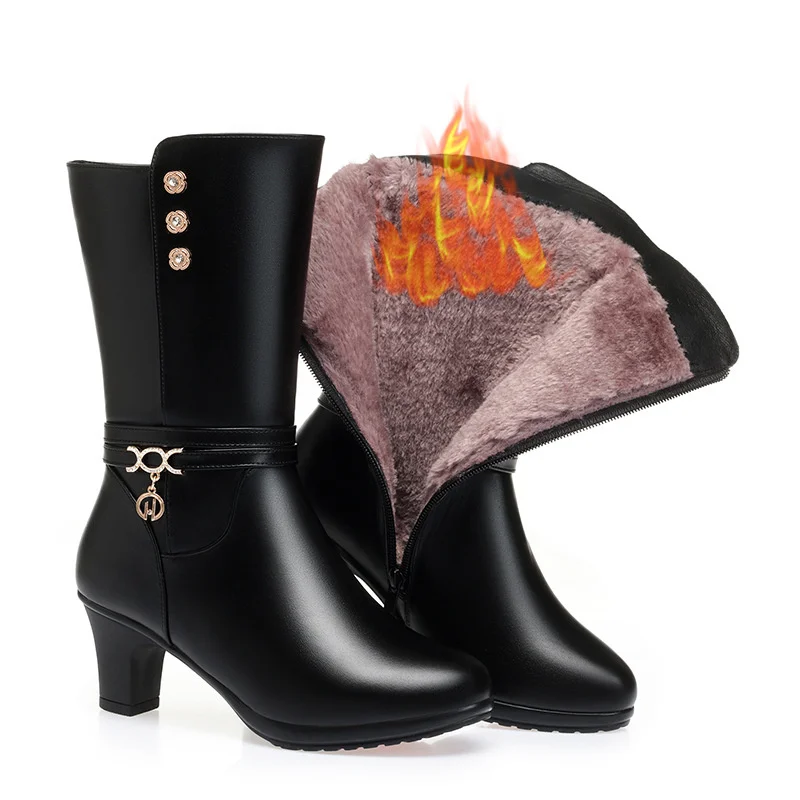 Winter Woman High-heeled Soft Leather Motorcycle Boots Thick Wool Soft Sole Plus Velvet Warm Riding Mid-calf Boot