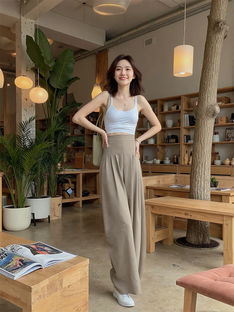 Pants Oversize Woman Apricot Khaki Pink Smooth Fabric Women Sleek Look Elegant Office Lady Work Business Formal High Waist