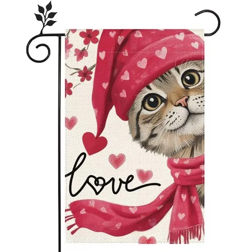 Happy Valentine Cat Flowers Love 12x18 inch Double-sided Burlap garden flag home YYZ