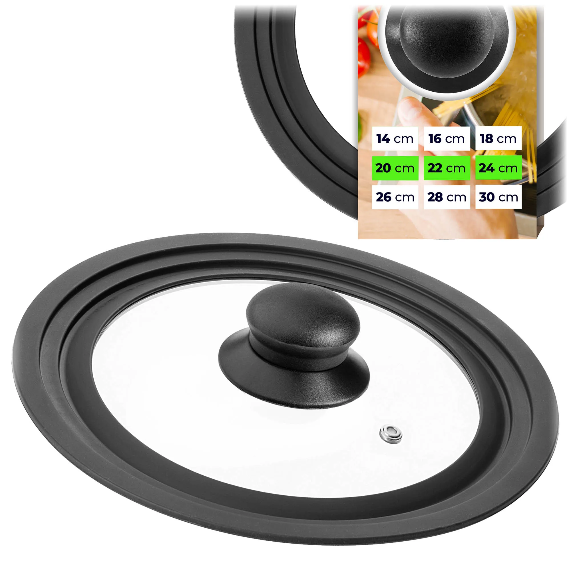 KADAX pannendeksel universeel siliconen multi-size glas 20-22-24cm met zwarte halfronde handgreep 1 stuk