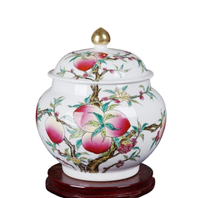 Nine peach tea jars ceramic ornaments hand-painted gold Chinese living room household sealed jars with lids