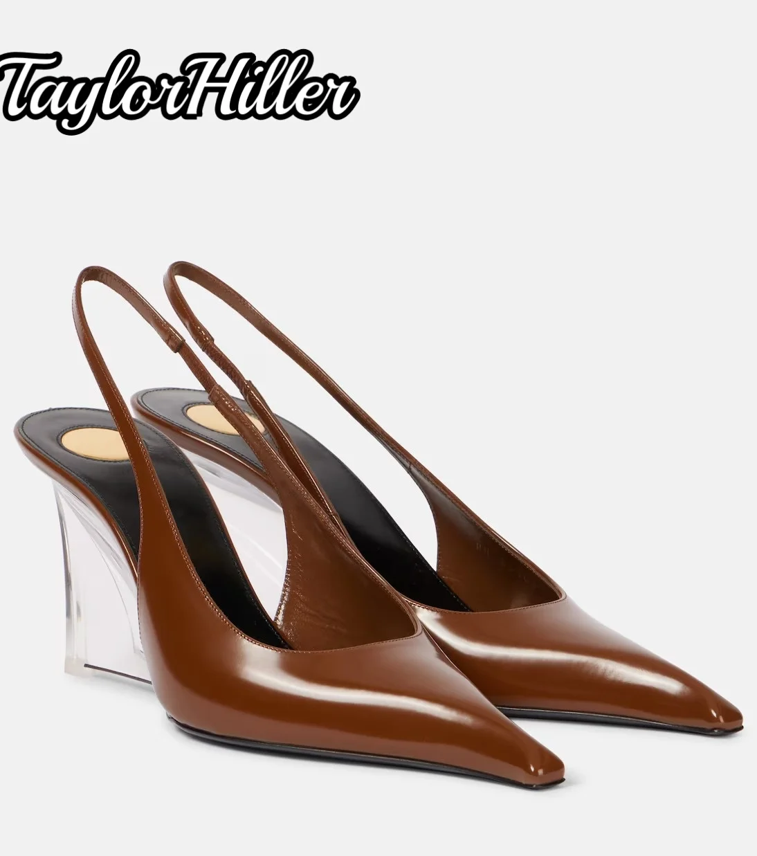 Slingbacks Brown Patent Leather Wedges Sandals Luxury Pull On Transparent High Heels Summer Sexy New Solid Black Shallow Shoes