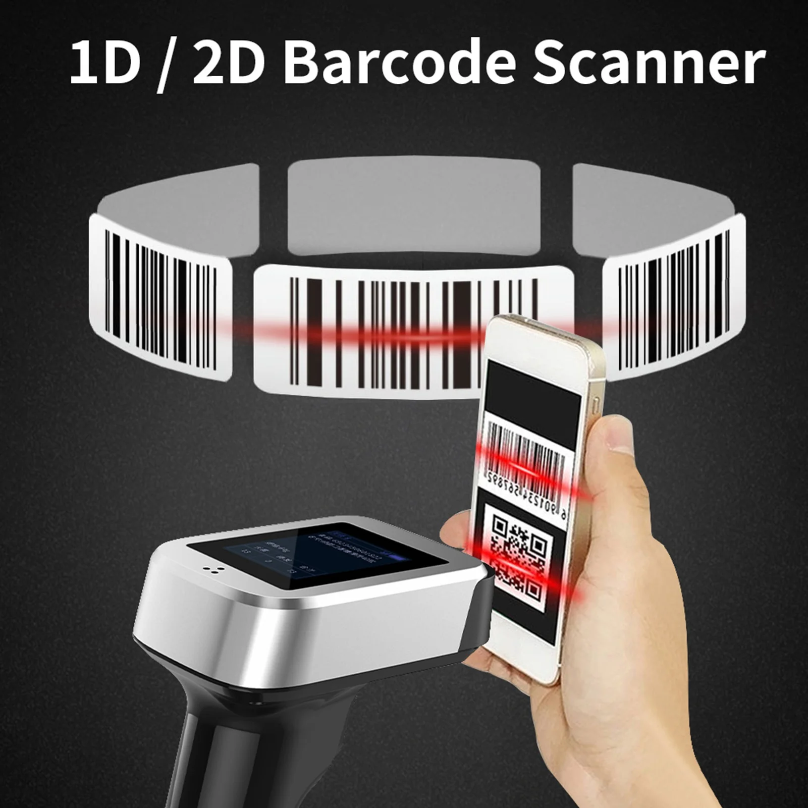 

Сканер штрих-кода 2D 1D QR с экраном и зарядной базой 3 в 1 BT и 2,4 ГГц Беспроводное и проводное соединение 1,8-дюймовый TFT