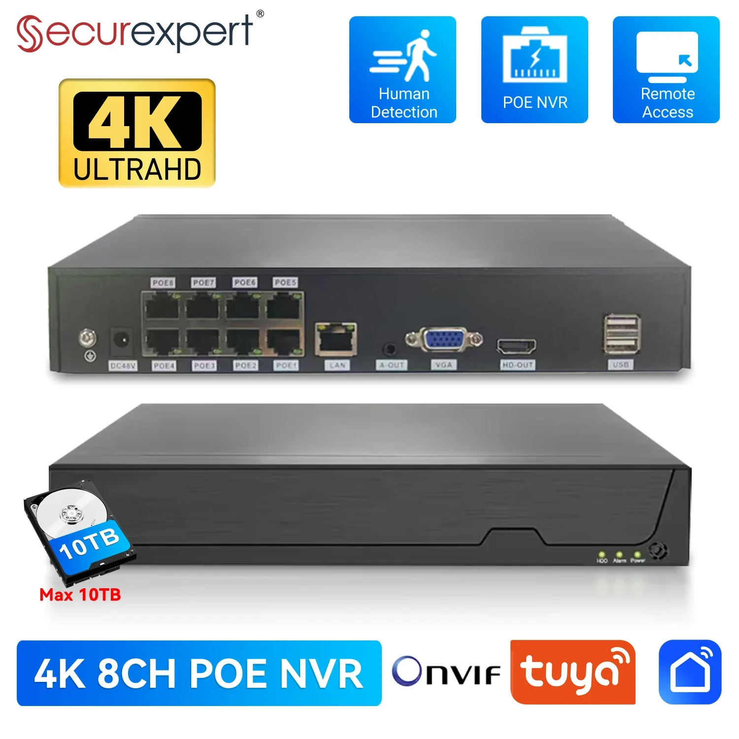 Securexpert Tuya Smart Onvif 8CH 4K H.265 Video Surveillance NVR Recorder Motion Detect Recorder For POE IP Camera CCTV System