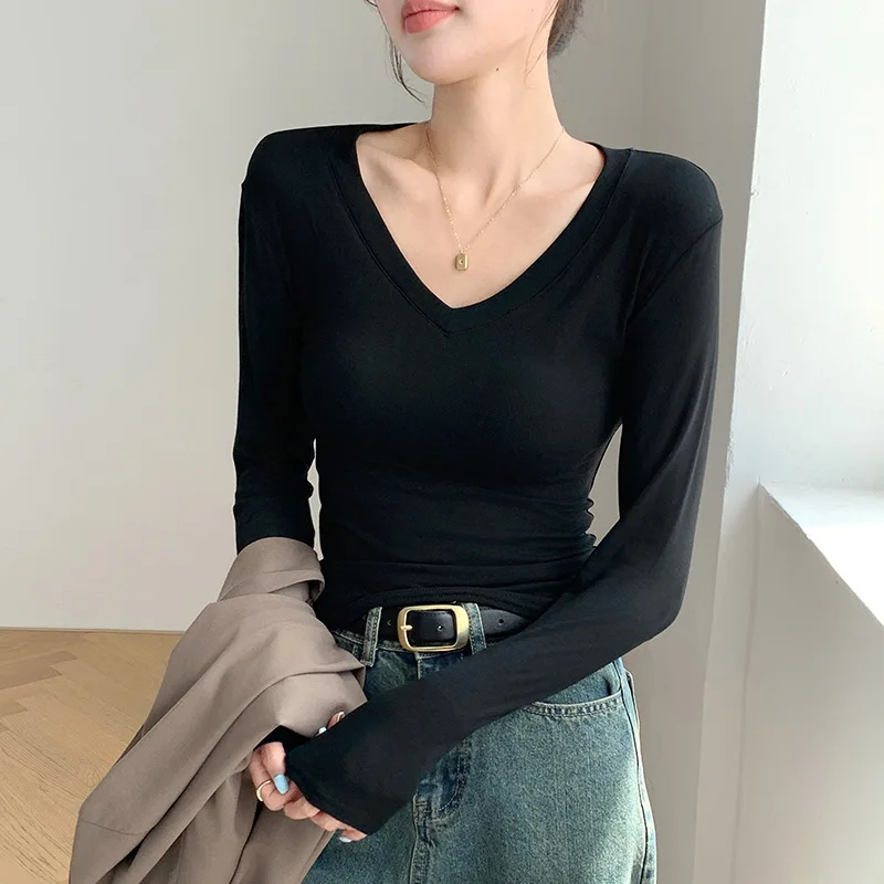 Essential V-Ausschnitt Damen Slim Fit Top Einfarbig Langarm Unterziehshirt Dehnbar Gemütlich Vielseitig Herbst Winter T-Shirt – Detail 3