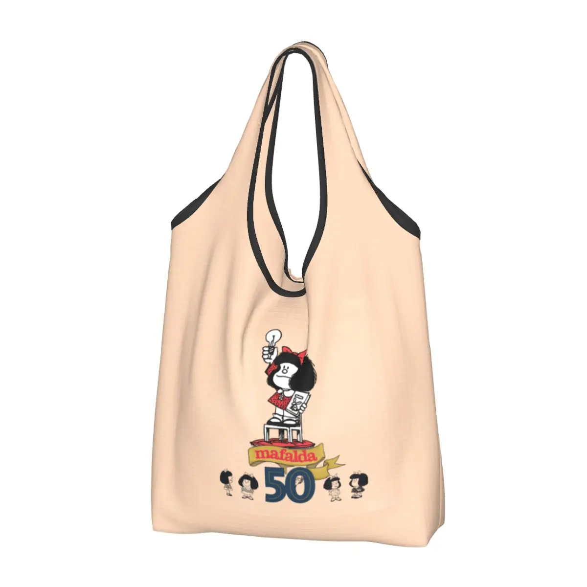 Bolso de compras reutilizable personalizado para mujer, bolsa de mano portátil de 50 años de Mafalda, bolso de compras de dibujos animados de cómic Quino