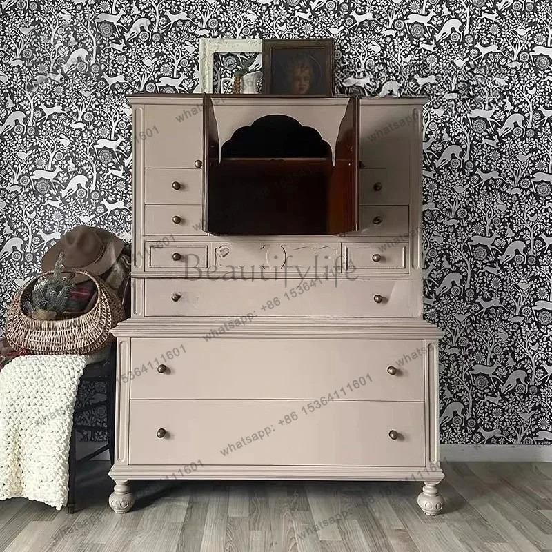 

zj.French contrasting solid wood chest, bedroom wall storage cabinet, American retro living room storage decorative cabinet
