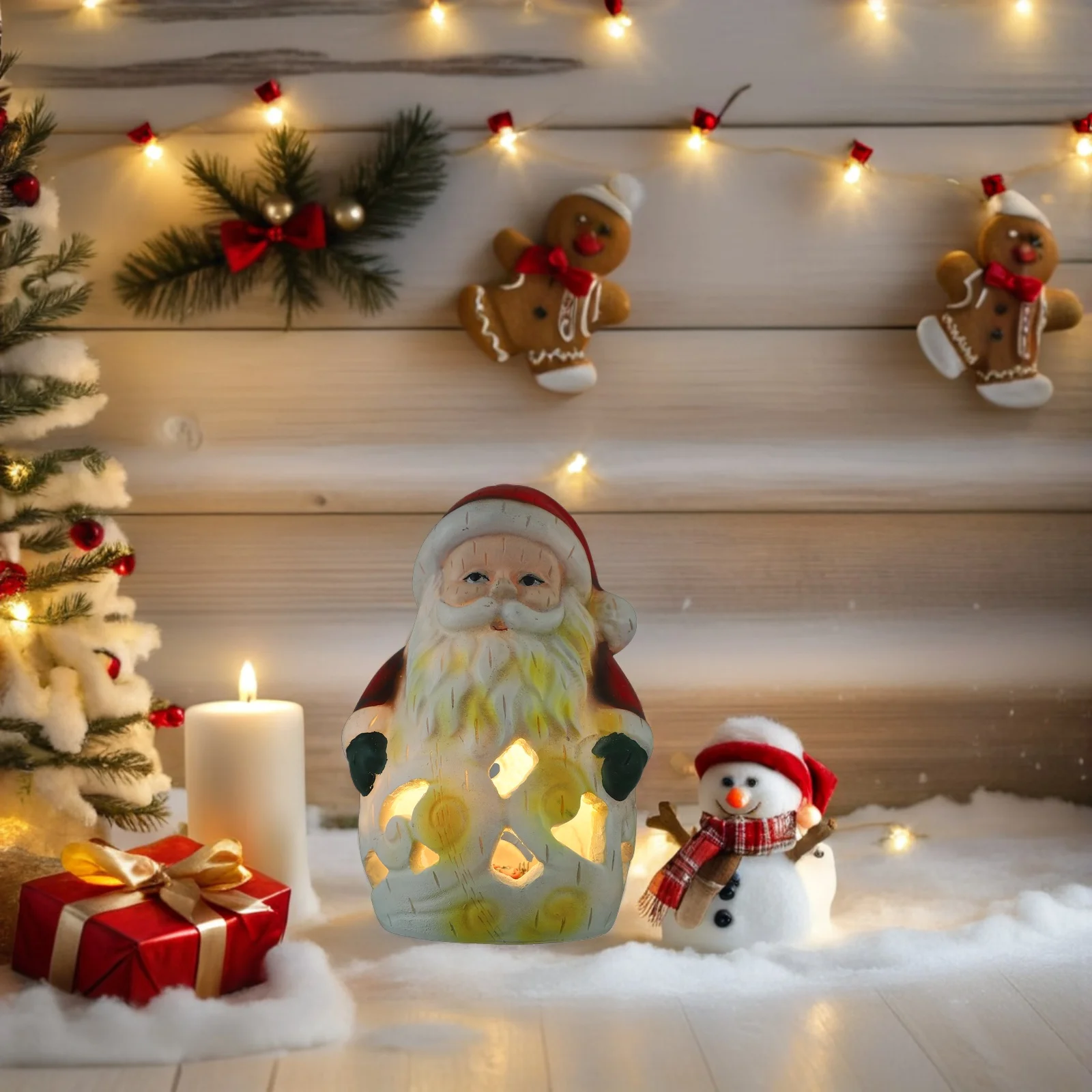 

Christmas Santa Statue Hollow Out Resin LED Night Light for Table Mantle Decor Festive Holiday Shelf Ornament Reusable Xmas