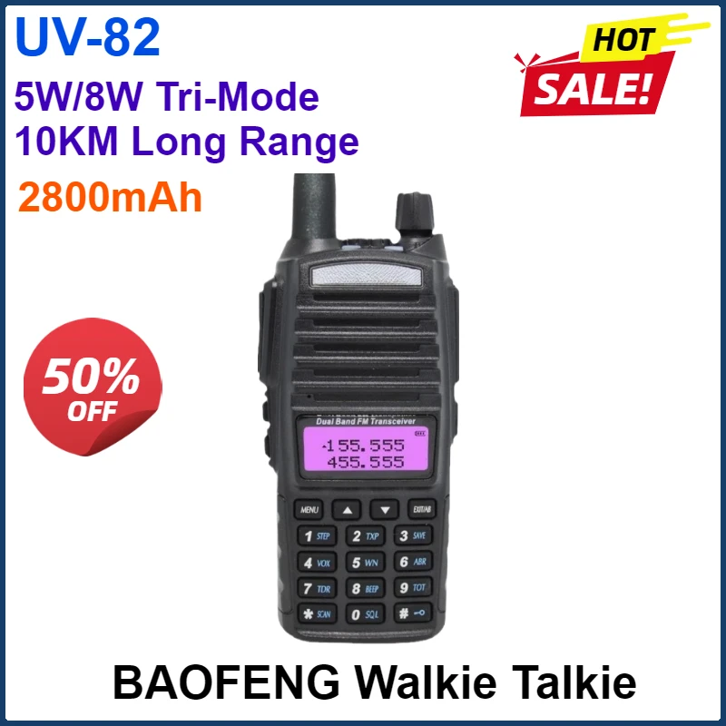 2800mAh Baofeng UV-82 8W Ham Radio10KM Walkie Talkie Dual PTT Black/Camo Handy Amateur Radios Upgrade UV-5R for Hunting