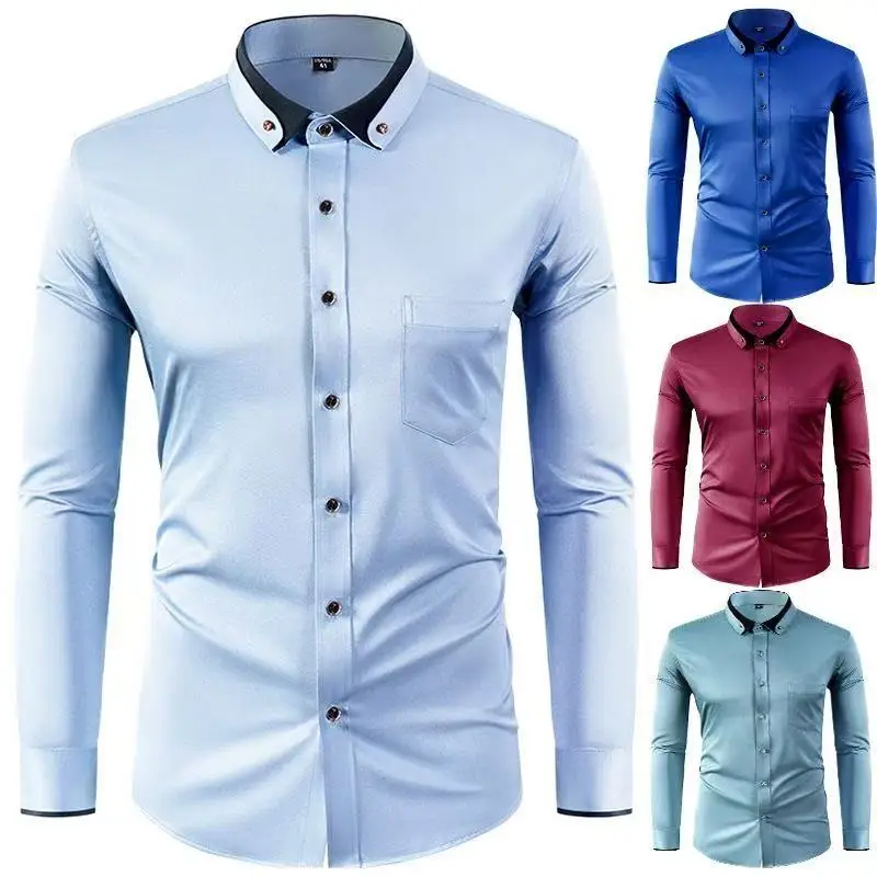 

New Men's Dress Shirt Long Sleeved Diamond Buckle Contrasting Collar Design Solid Color Elastic Slim Fashion Office Man Clothes