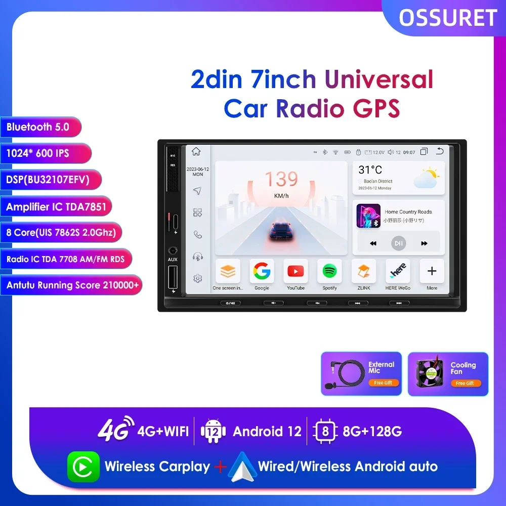 

7" Fast Charging Universal Car Radio Multimedia Player Wireless Carplay Android Touch Screen for Nissan Toyota KIA TF AUX 4G GPS