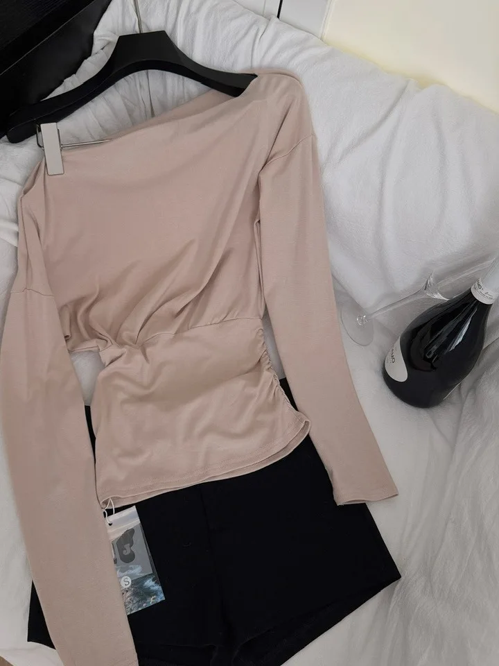 Ele Slant-oulder Long Sve T-irt Design feminino Base irt Top Casual Sle Cintura-Encarrendo Outros materiais