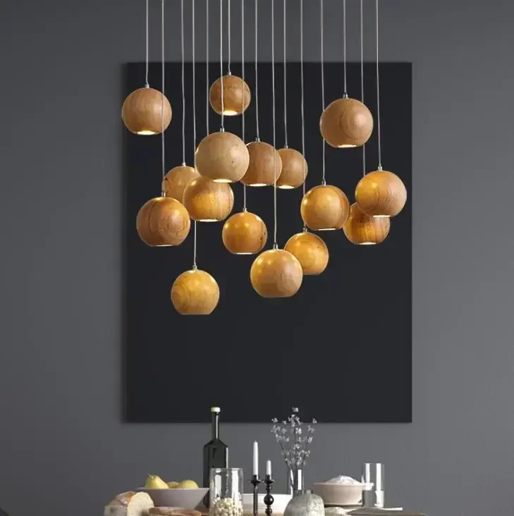 

Solid wood modern pendant light Chinese Japanese Nordic creative minimalist living room dining wood ball wooden pendant lamp