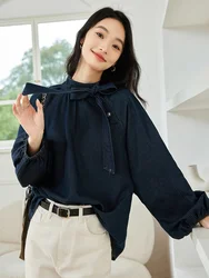 VIMLY Women's Detachable Bow Bandage T-Shirt Autumn Stand Collar Long Sleeve Simple Solid Loose Versatile Office Lady BlouseTop