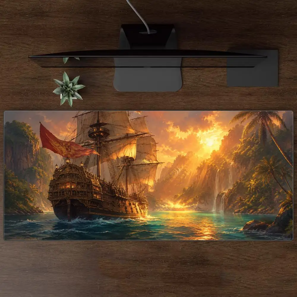 Pirate Wrecked Ship Treasure Island Sunset Beach Parrot Seascape Extra Large Non-Slip Extended Rubber Gaming Desk Mouse Pad