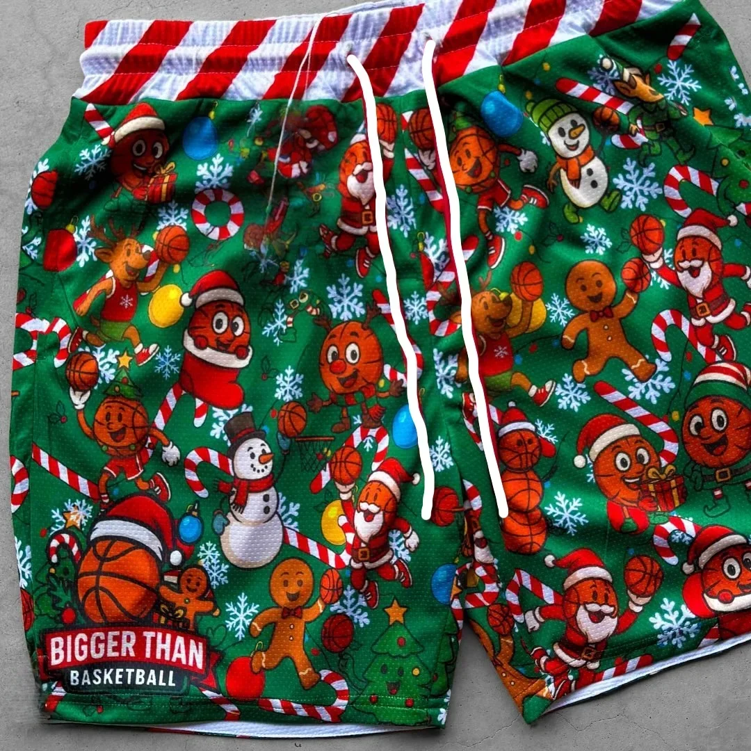 2026 Christmas Basketball Shorts Men's Casual Funny Cartoon Print Beach Shorts Summer Breathable Sports Holiday Party Shorts
