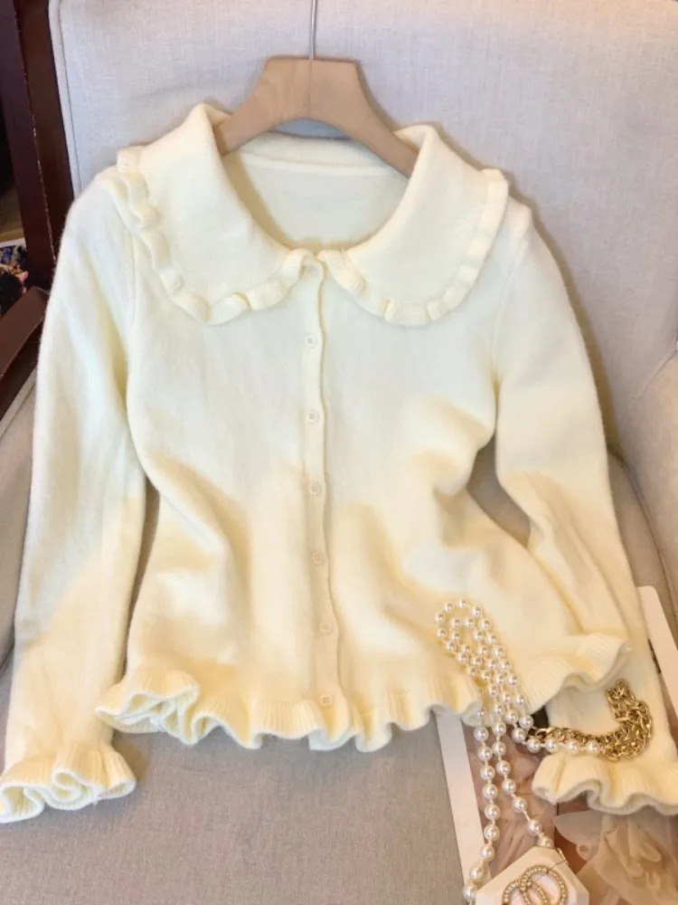

Beautiful and sweet mushroom border doll collar long sleeved sweater cardigan women's autumn and winter elegant knitted top