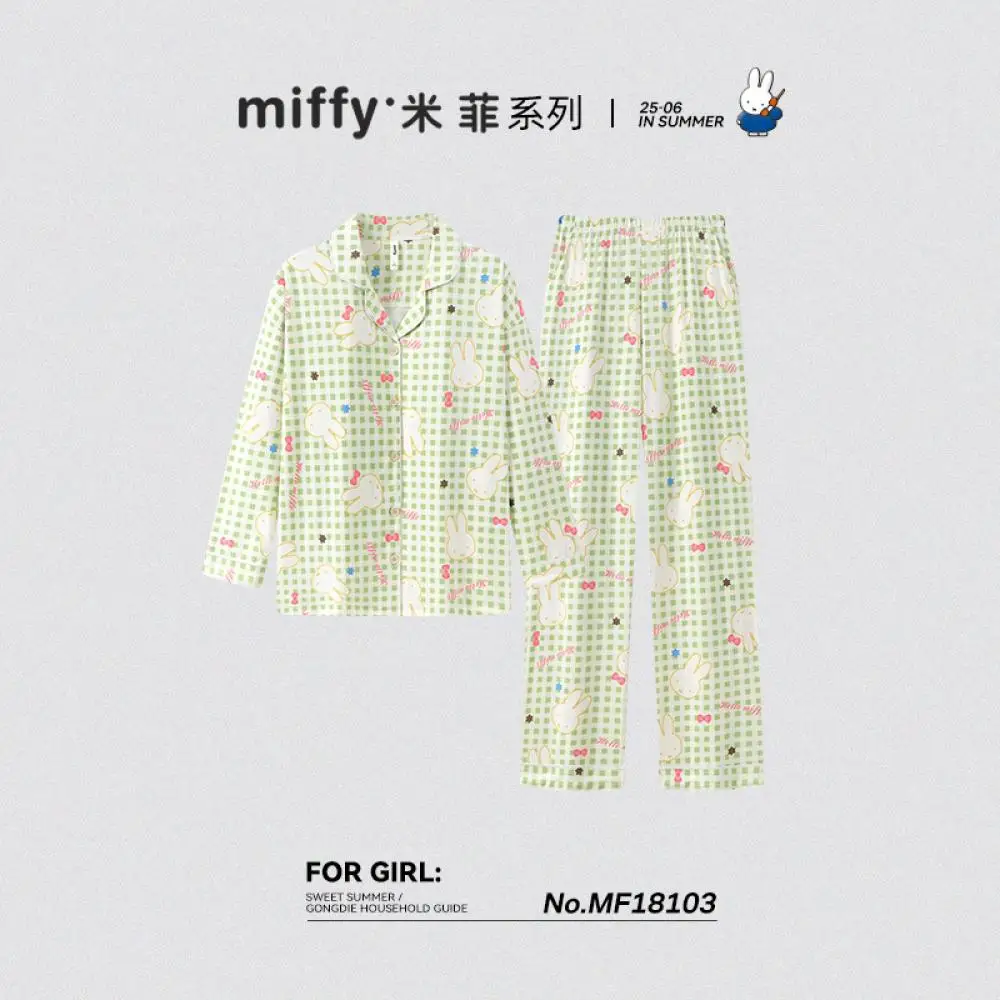 

Зеленый клетчатый пижамный комплект Miffy с рисунком кролика, легкая одежда для сна для девочек, милая домашняя одежда с героями мультфильмов, летняя домашняя одежда