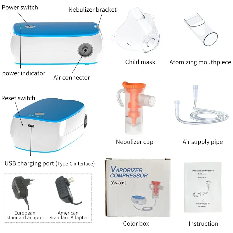 Máquina nebulizadora de compressor portátil para adultos e crianças, asma tosse com máscara nebulizadora, bocal e tubulação para uso doméstico