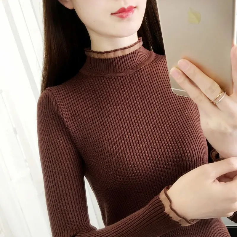 Women's Clothing Half High Collar Solid Color Long Sleeve Lace Pullover Sweater Knitted Casual Elegant Autumn Winter Tops