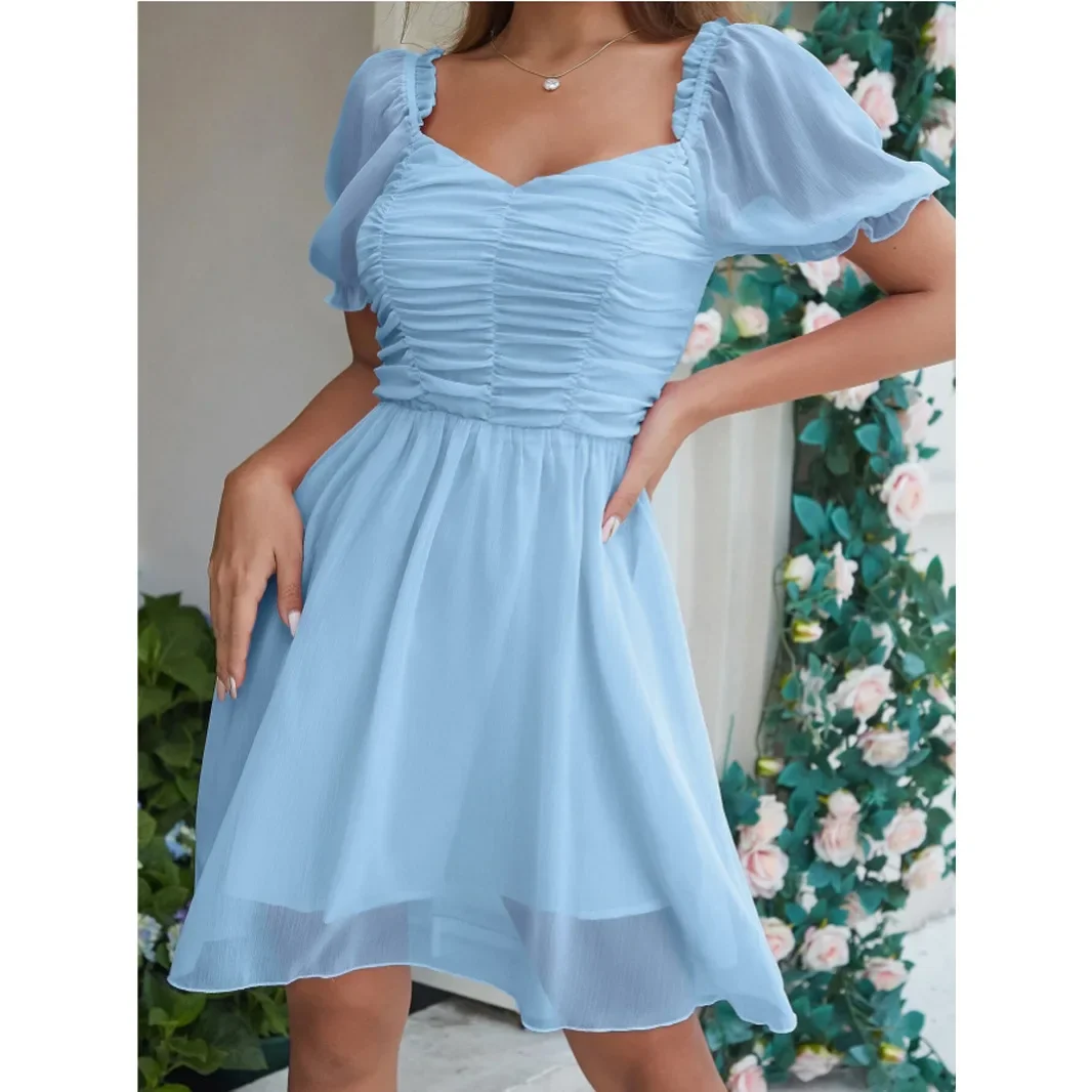 European and American Spring/Summer New Solid Color Bubble Sleeves Chicken Heart Neck Ruffle Dress