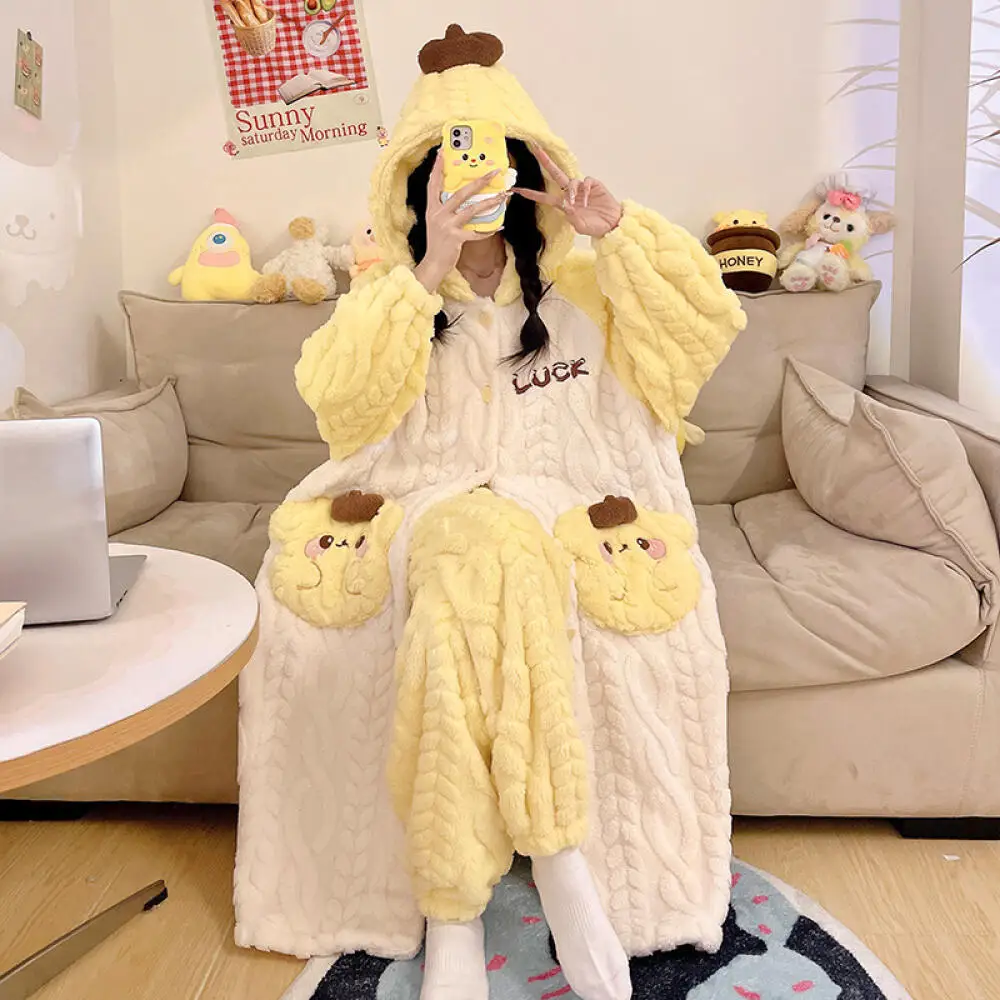 

Cute Kawaii Pompompurin 2Pcs Women Plush Pajamas Suit Cartoon Anime Kawaii Winter Warm Loungewear Thicken Girls Cute Homewear