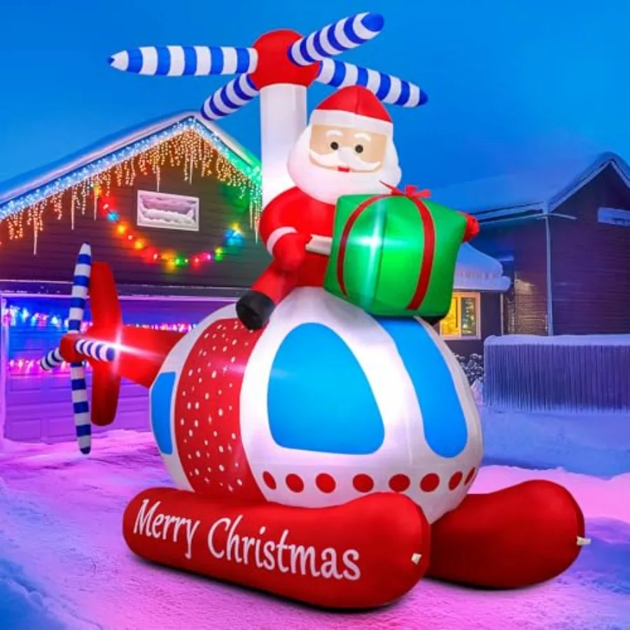 

9.7 FT Christmas Inflatables Santa Helicopter Outdoor Decorations, Blow Up Santa Claus Flying Airplane with Gift Bag and Built-