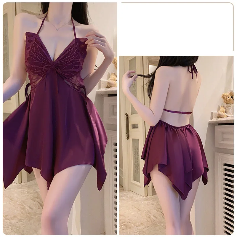 

New ladies sexy ice silk plus size pajamas and chest pad gathered bow nightdress robe home service women's suit