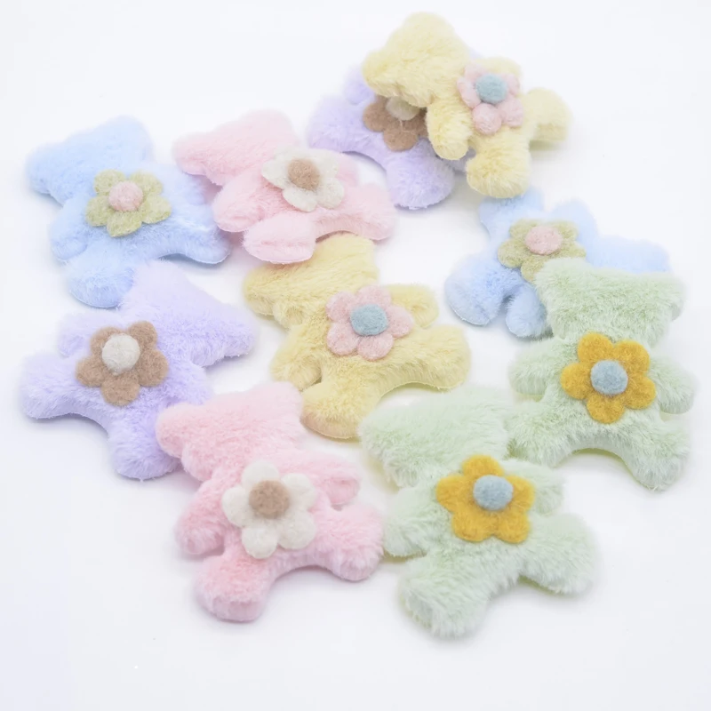 5Pcs Kawaii Padded Plush Bear with Flwoer Appliques for DIY Clothes Hat Shoes Toy Sewing Patches Handmade Headwear Clips Decor