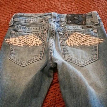American Vintage Y2K Rhinestone Wing Embroidered Jeans Womens Blue Low Rise Flared Denim Pants with Studded Pockets Streetwear
