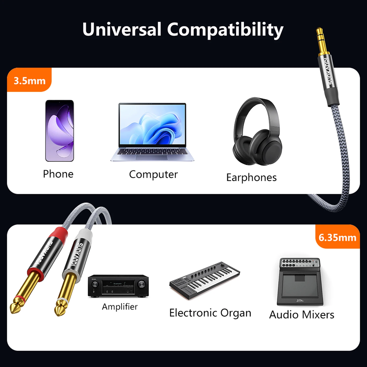 SUNKANDI 1/8 to 1/4  Audio Cable， 3.5mm TRS to Dual 6.35mm 1/4 TS Mono Y Splitter Audio Cord Adapter for PC,  Home Stereo System