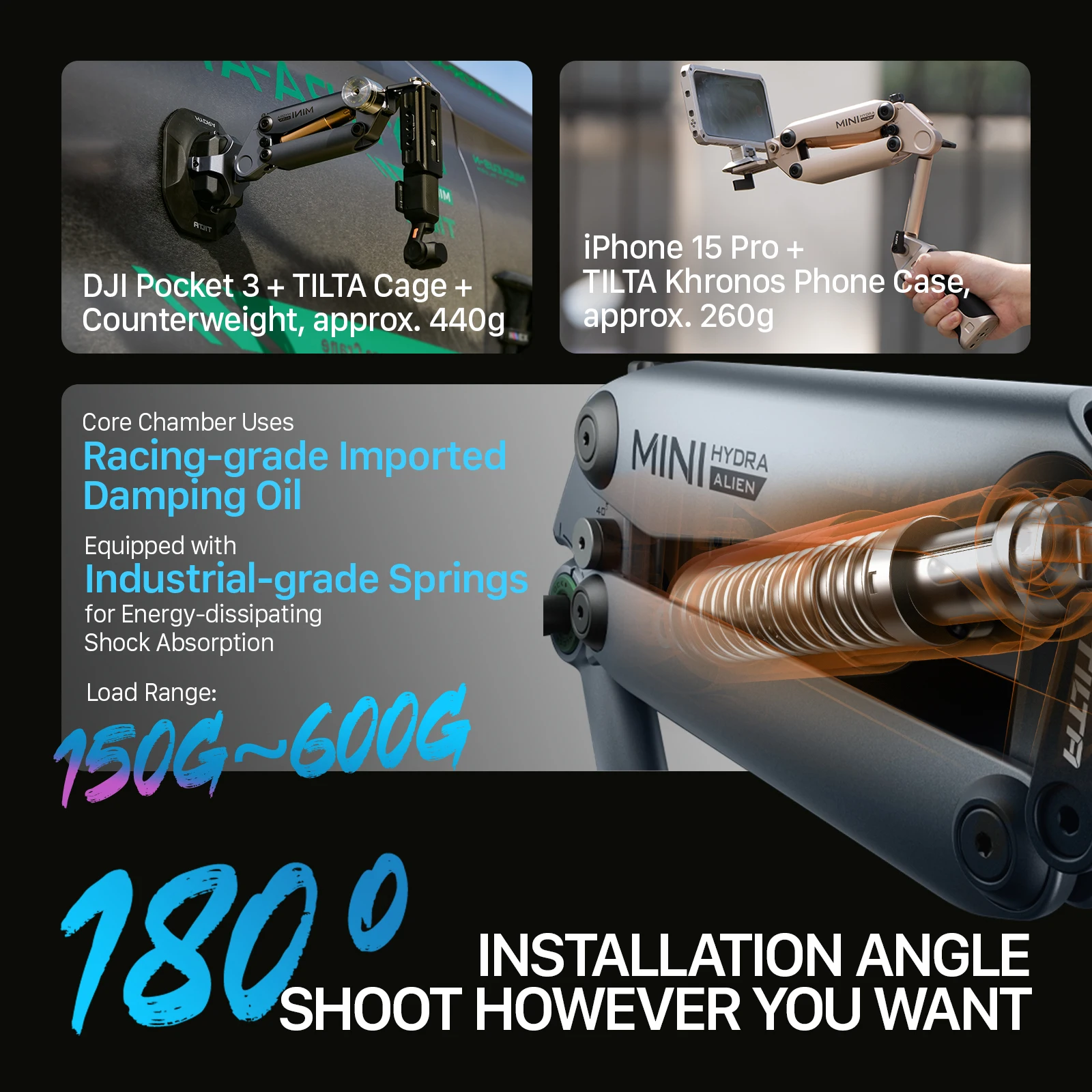 TILTA HDA-T15 Hydra Alien Mini Ramię amortyzujące z przyssawką E-Suction do filmowania z samochodu, kompatybilne z DJI Osmo Pocket 4, Pocket 3 i Insta360 X4 — zdjęcie produktu 6